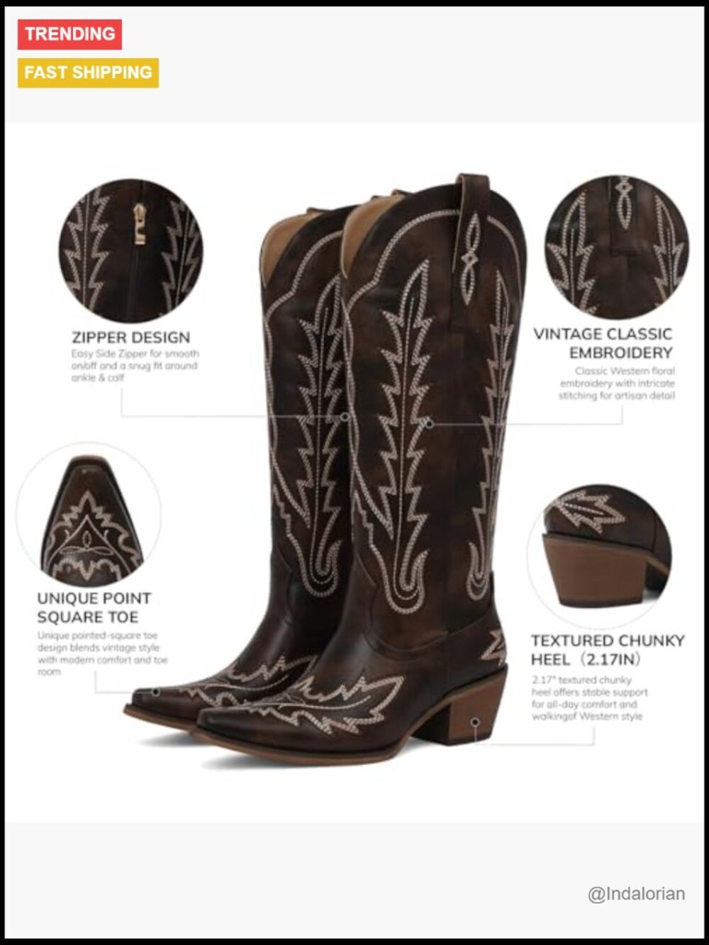 Vintage Cowboy Boots - Pointed Toe Chunky Heel Faux Leather & Suede Knee High - Picture 4 of 7